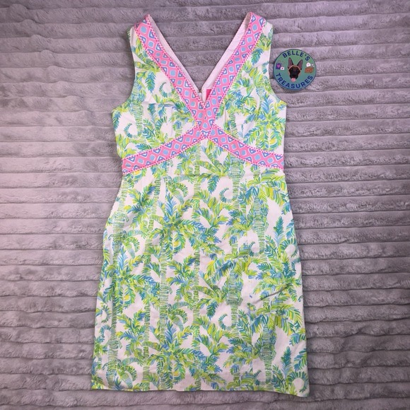 Lilly Pulitzer Dress Women's 4 Lanora Green Alligator Pink Lace V-Neck‎ Summer - Picture 1 of 10
